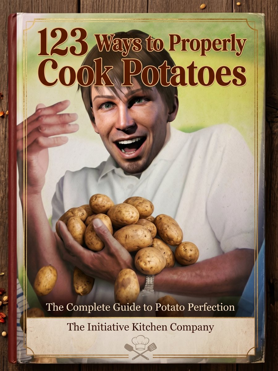 Cover of the cookbook 123 Ways to Properly Cook Potatoes: a cheerful cook hugging an armful of potatoes